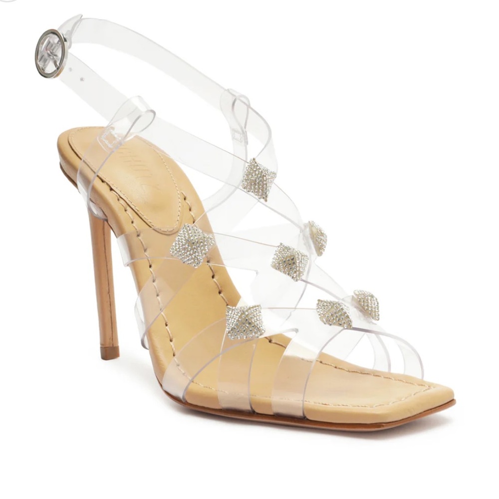 SCHUTZ Clear Strappy Heels with Crystal Accents
